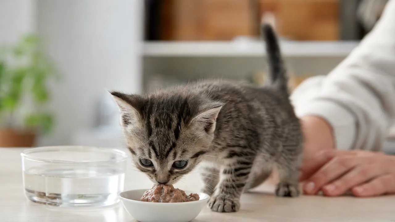 Chatons près d'une gamelle découvrant une nourriture solide
