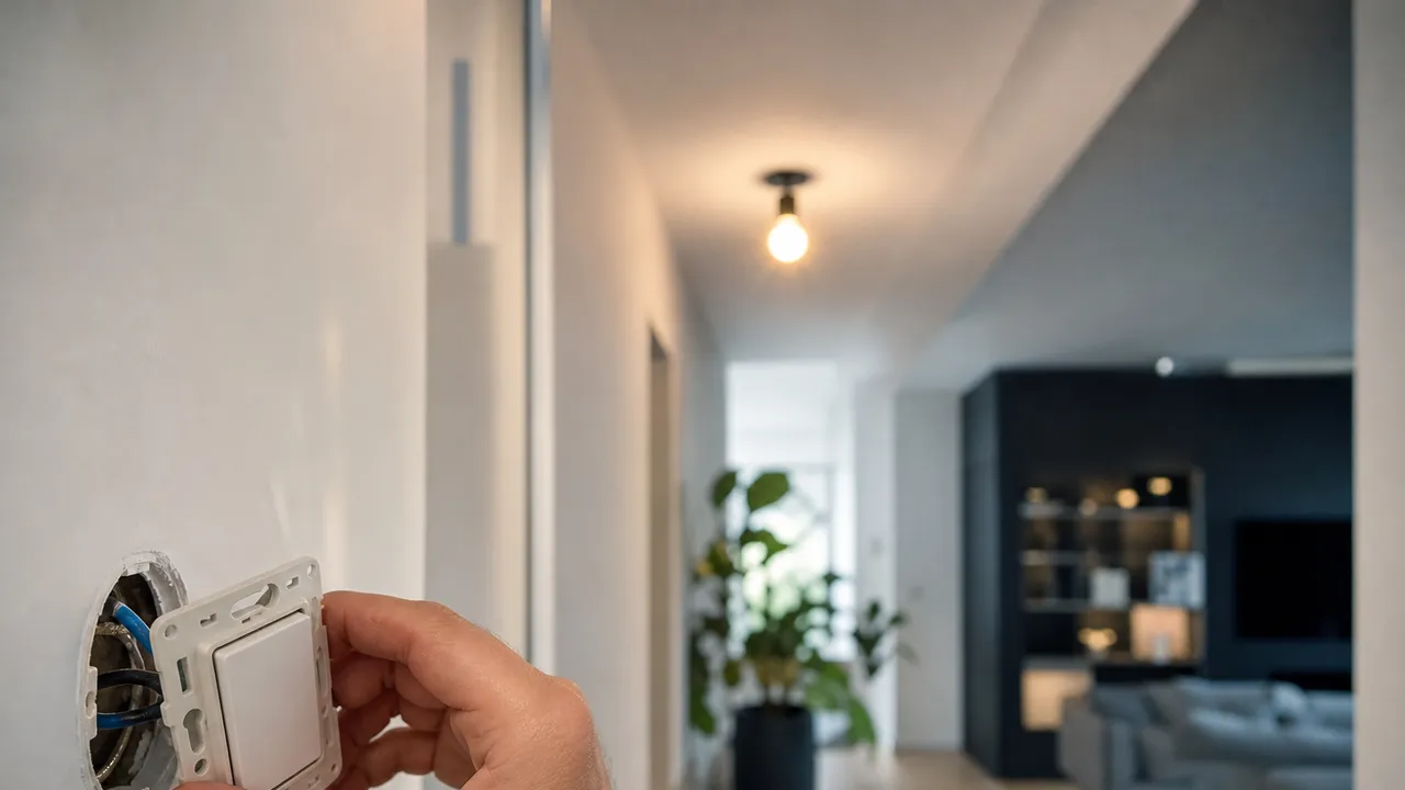 Main démontant un interrupteur mural dans un couloir, une ampoule LED allumée au plafond en arrière-plan