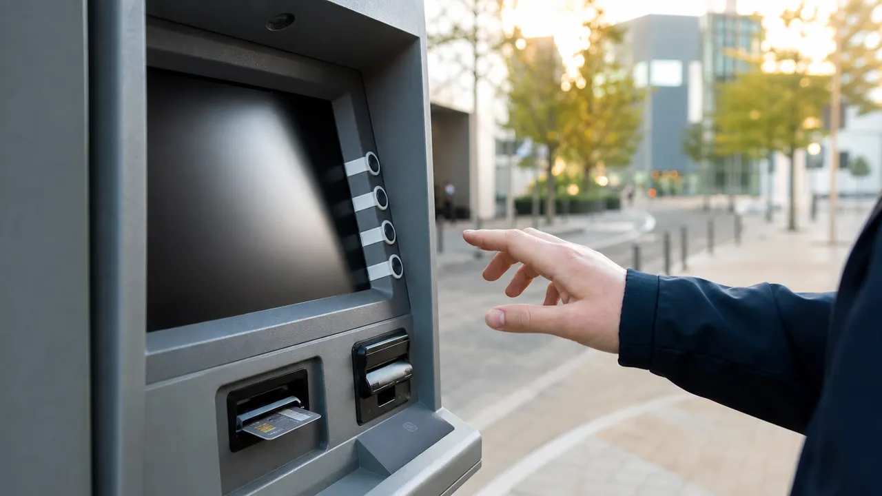 Main tendue vers un distributeur automatique de billets en ville, une carte bancaire engagée dans la fente