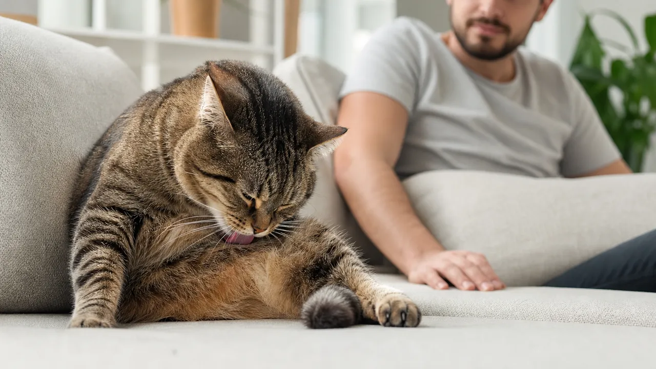 Chat se toilettant méticuleusement assis sur un rebord de fenêtre