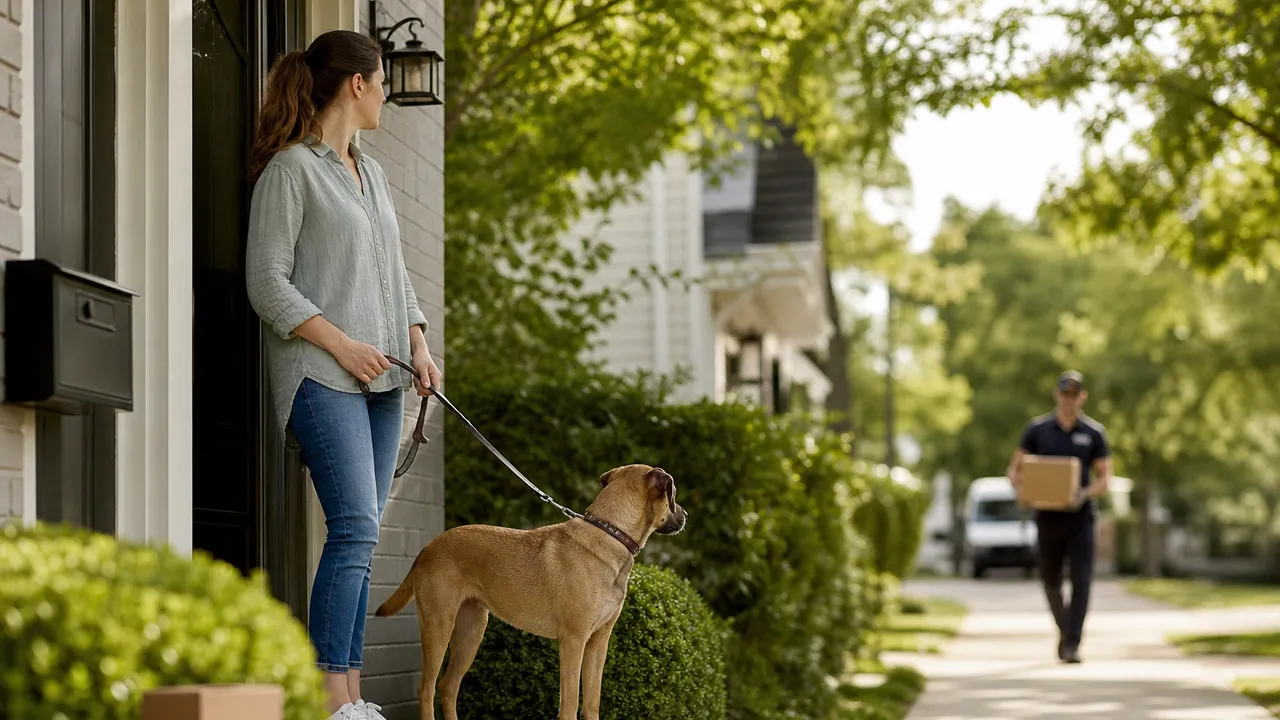 Chien aboyant près d'une porte d'entrée vitrée dans une maison