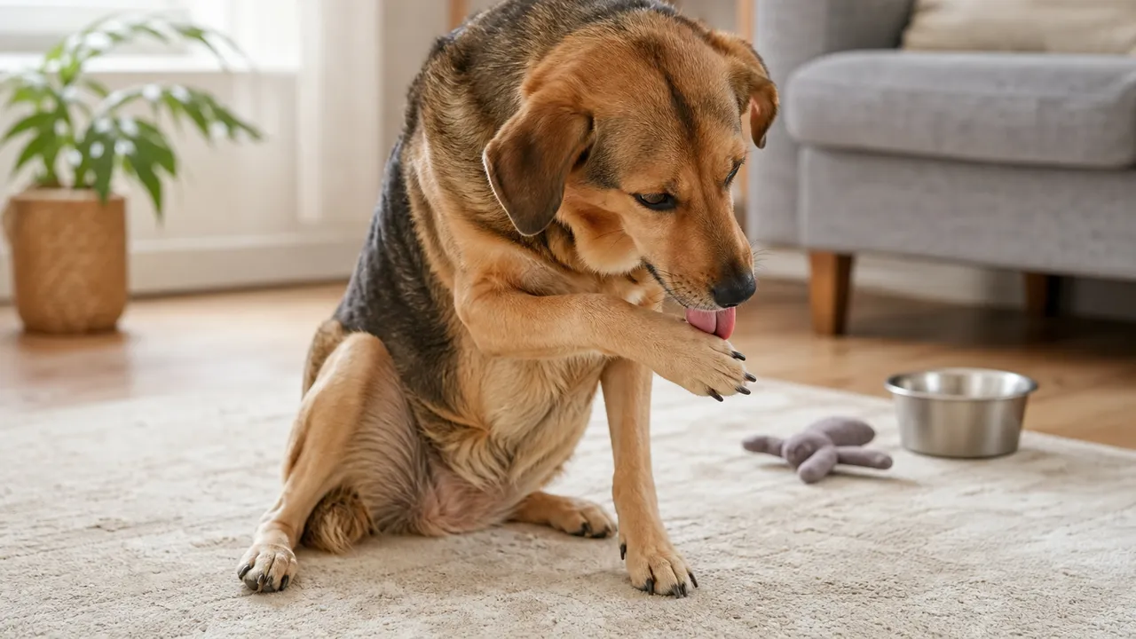 Chien assis sur un tapis de salon en train de se lécher une patte avant