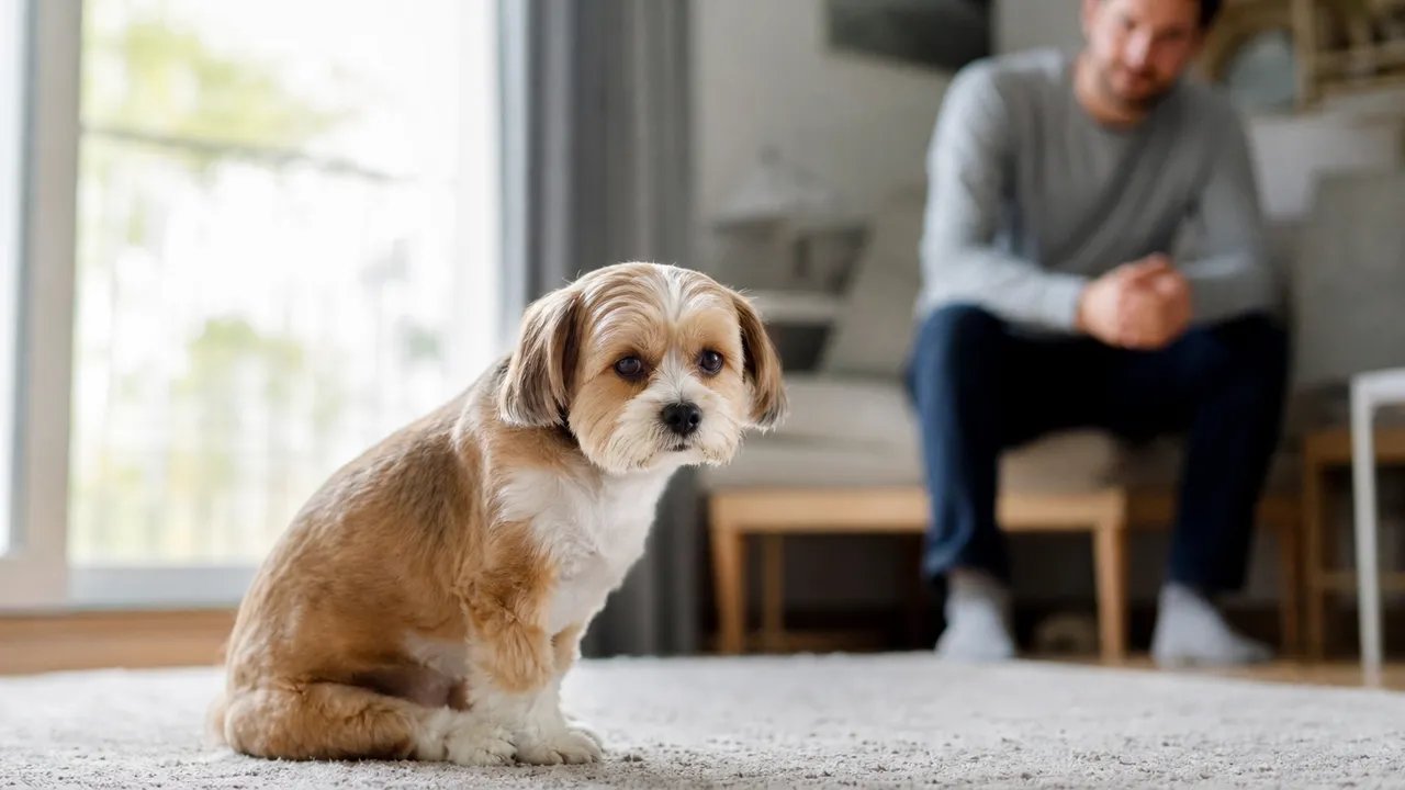 Chien tremblant allongé sur un tapis dans un salon