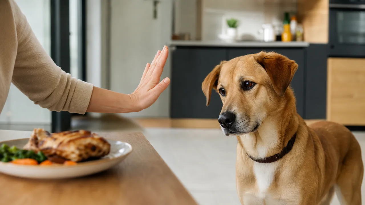 Chien regardant attentivement une table dressée avec de la nourriture