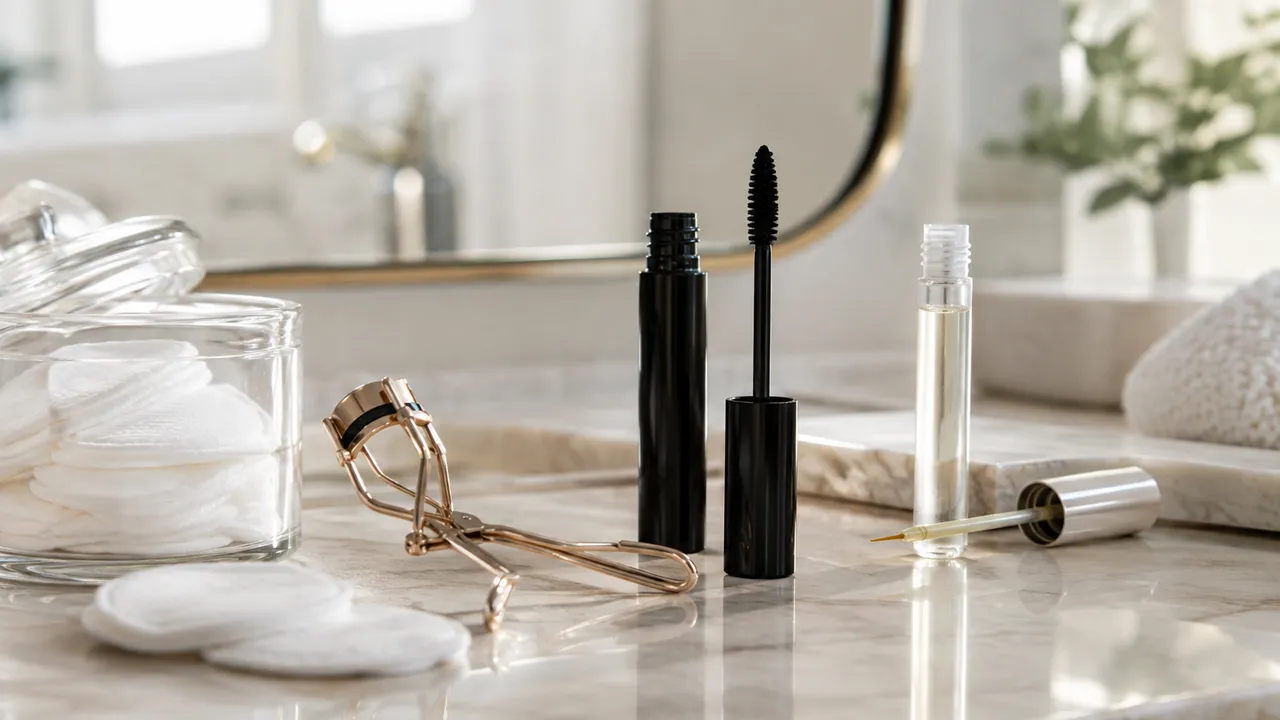 Mascara, recourbe-cils, cotons démaquillants et sérum posés sur le marbre d'une salle de bain
