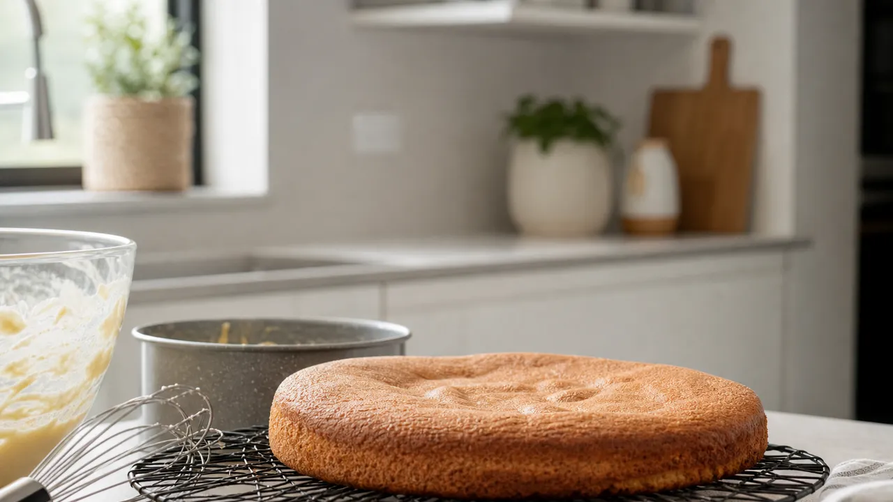 Gâteau doré légèrement affaissé au centre refroidissant sur une grille, à côté d'un saladier et d'un fouet