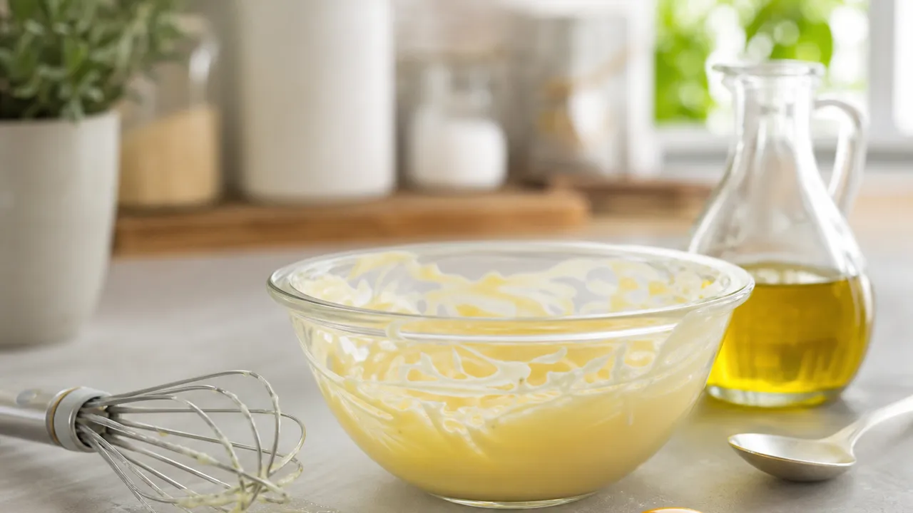 Bol de mayonnaise en préparation avec un fouet et une carafe d'huile sur un plan de travail de cuisine