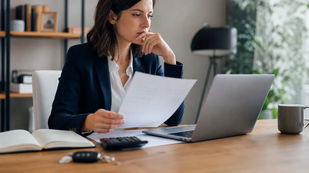 Personne consultant des documents financiers et une calculatrice à un bureau