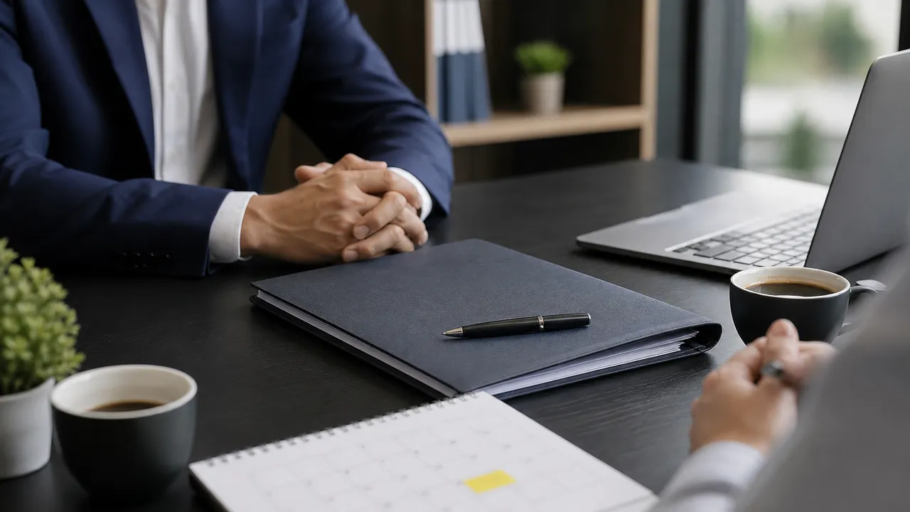 Deux personnes en entretien autour d'un bureau, un dossier et un stylo posés entre elles, un calendrier au premier plan