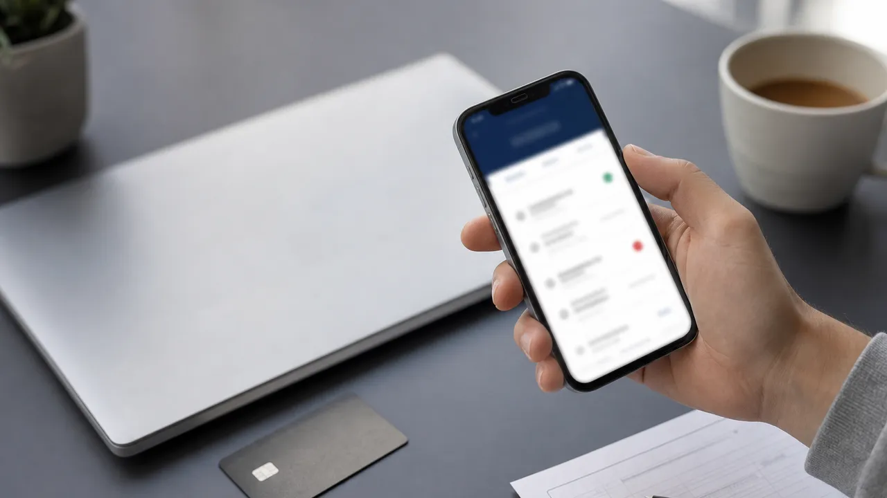 Main tenant un smartphone affichant une application bancaire, sur un bureau avec ordinateur portable, carte et tasse de café
